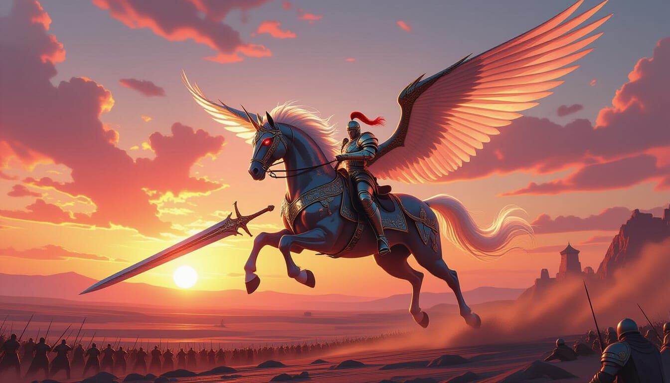 Armored Horse Soars Over Battlefield at Sunrise