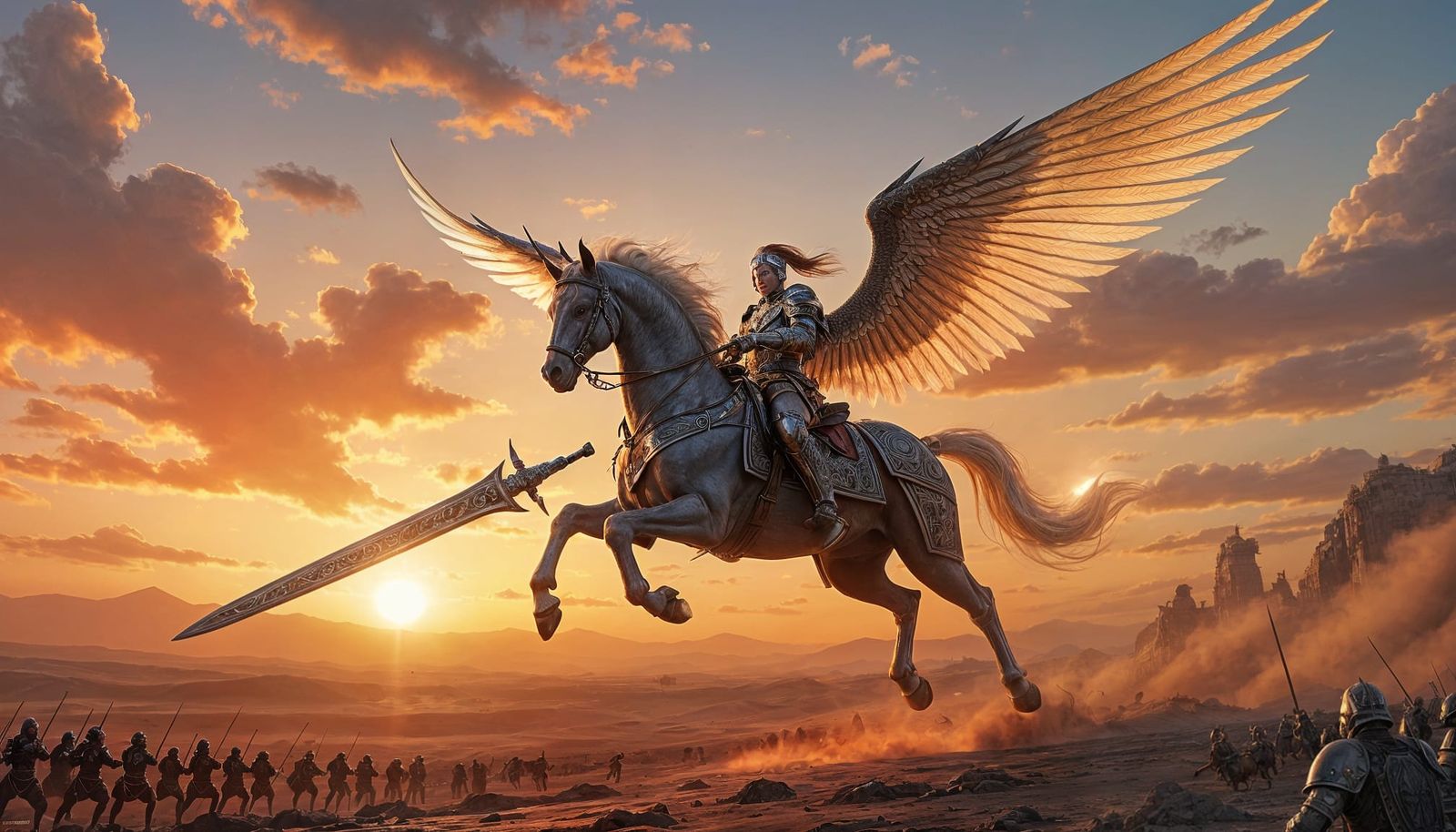 Armored Horse Warrior Soaring Over Battlefield at Sunrise