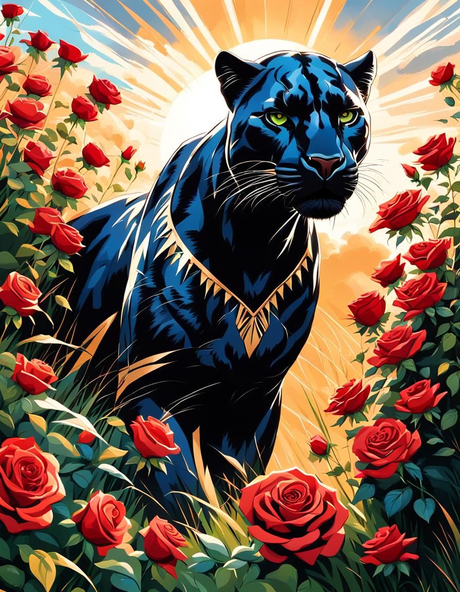 Black Panther Among Red Roses in Sunlight