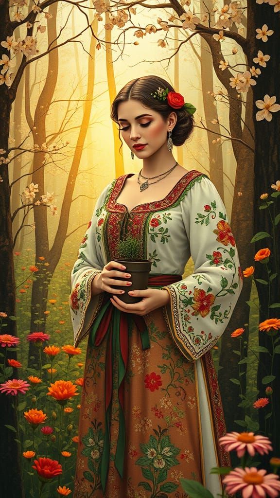 Woman in Embroidered Romanian Clothing, Surrounded by Bloomi...