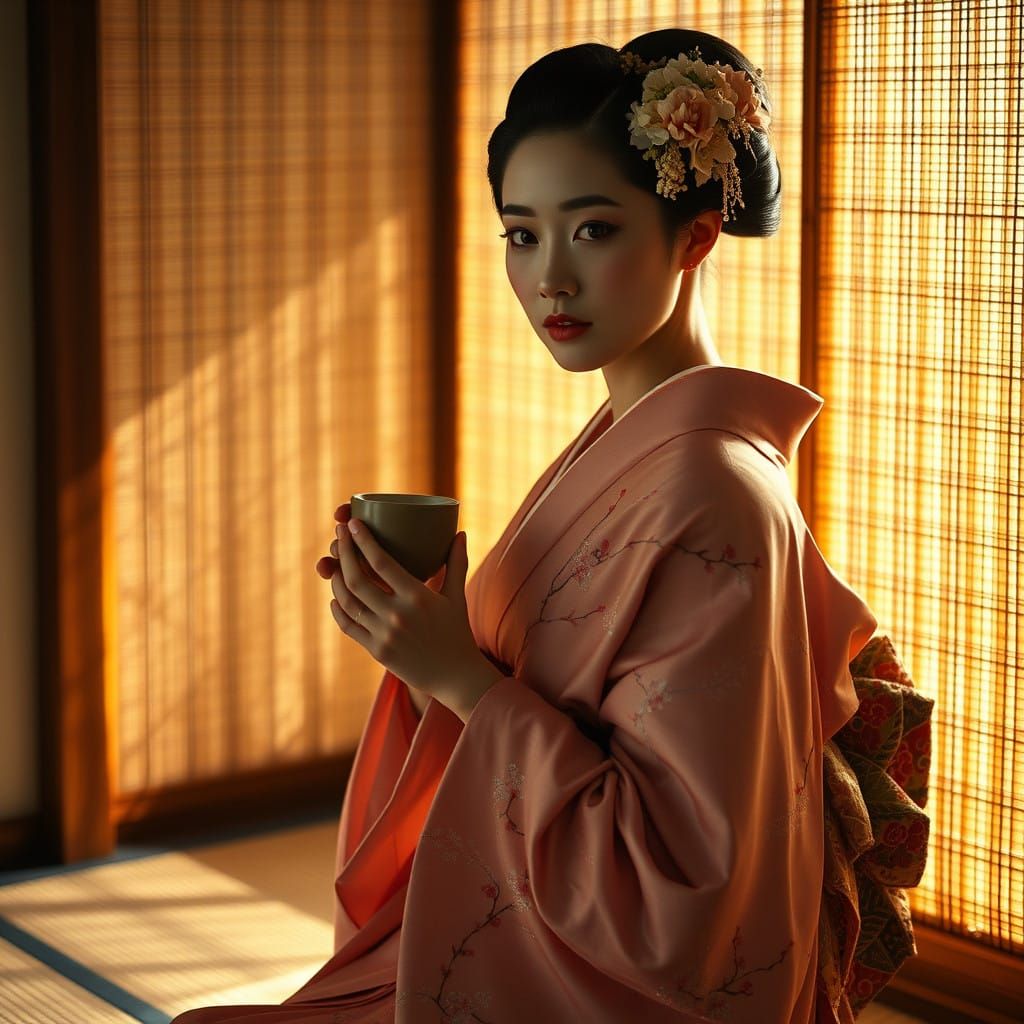 A Serene Japanese Geisha in Traditional Tatami Room
