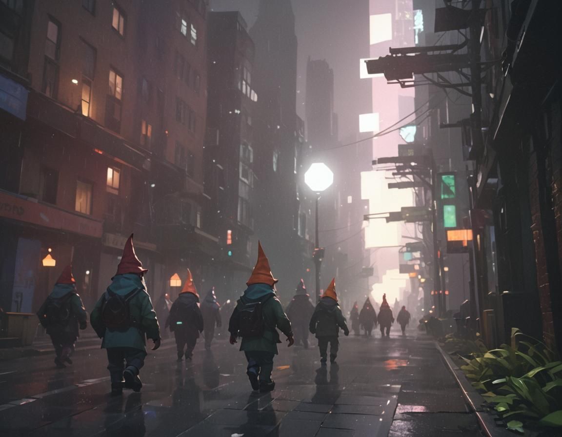 Gnomes Stroll Through Neon Cityscape in Low-Poly Art