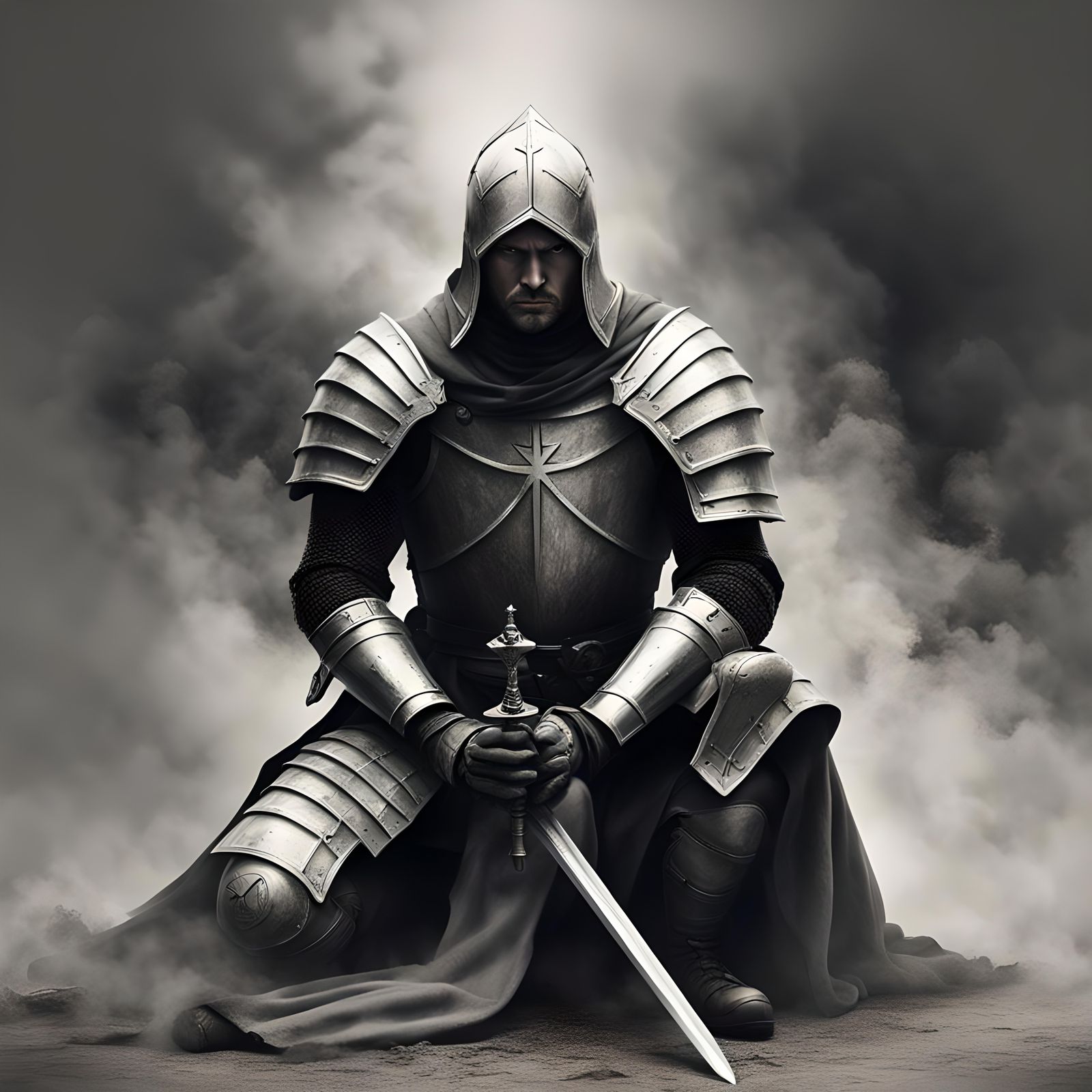 Templar Knight Kneeling in Prayer, Grayscale