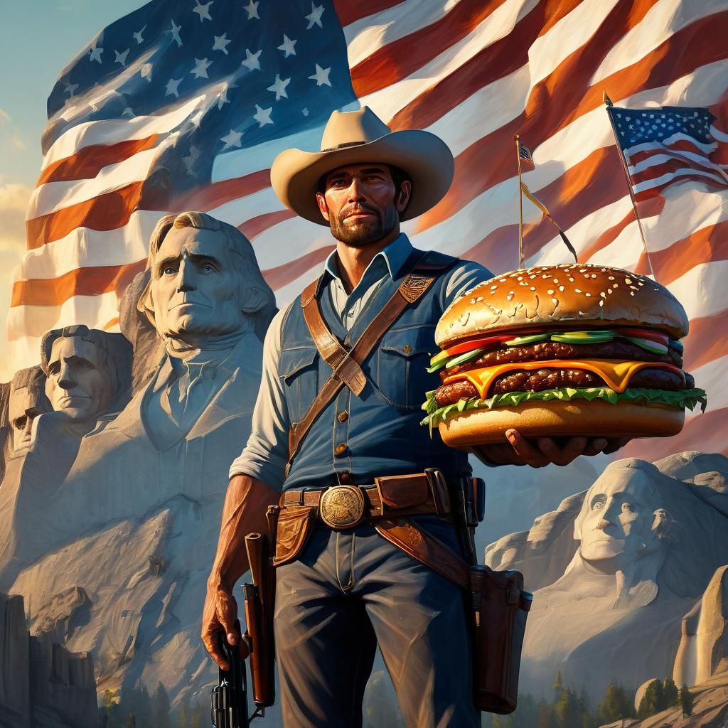 Proud Cowboy with American Flag in Oil Painting Style