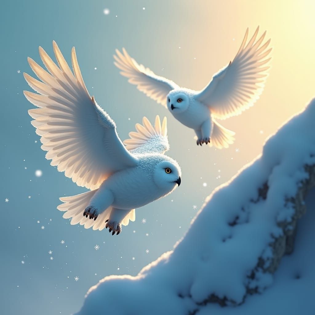 Snow Owls Soaring Near Blue Mountain: Digital Art