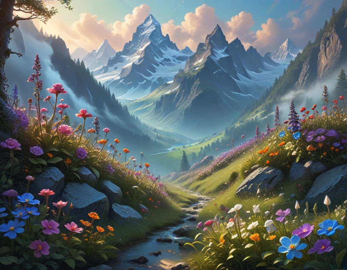 Gnomes Tend Glowing Flowers In Misty Swiss Alps