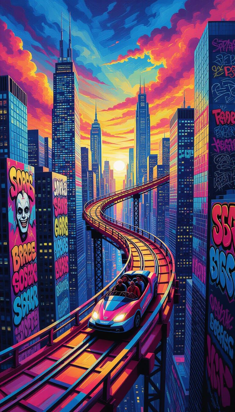 Rollercoaster Weaves Through Futuristic Cityscape