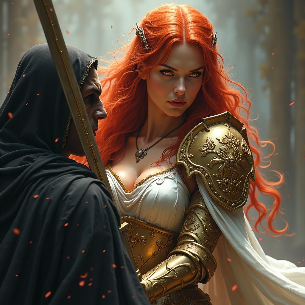 Beautiful red hair half elf paladin in revealing Gold and wh...