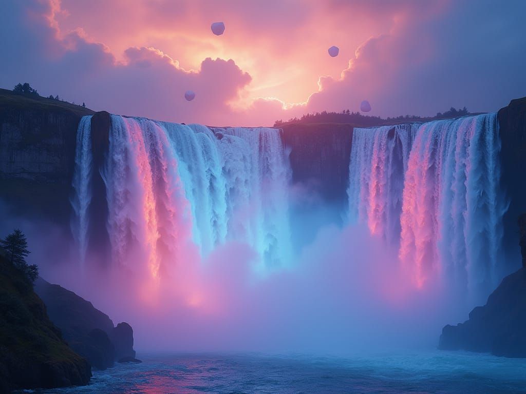 Surreal Neon Waterfalls in Aurora Sky
