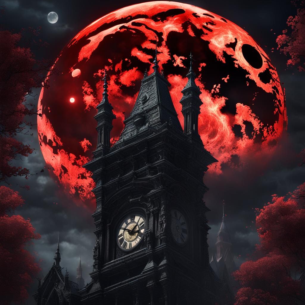 Gothic Gargoyle under Red Moon, Digital Matte Painting