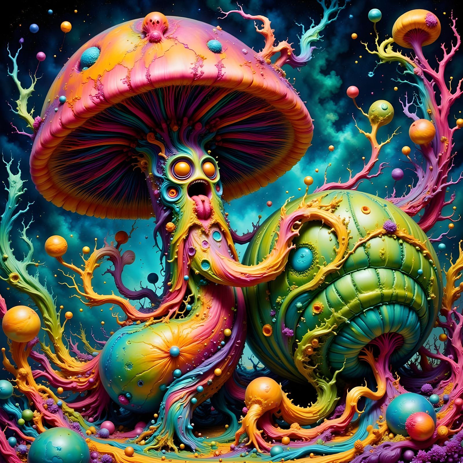 Vibrant Pop Art Scene of Mushroom Wrestling a Watermelon