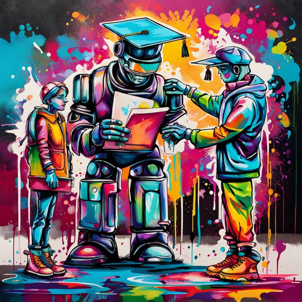 Robot Professor Graduation in Graffiti Art Style