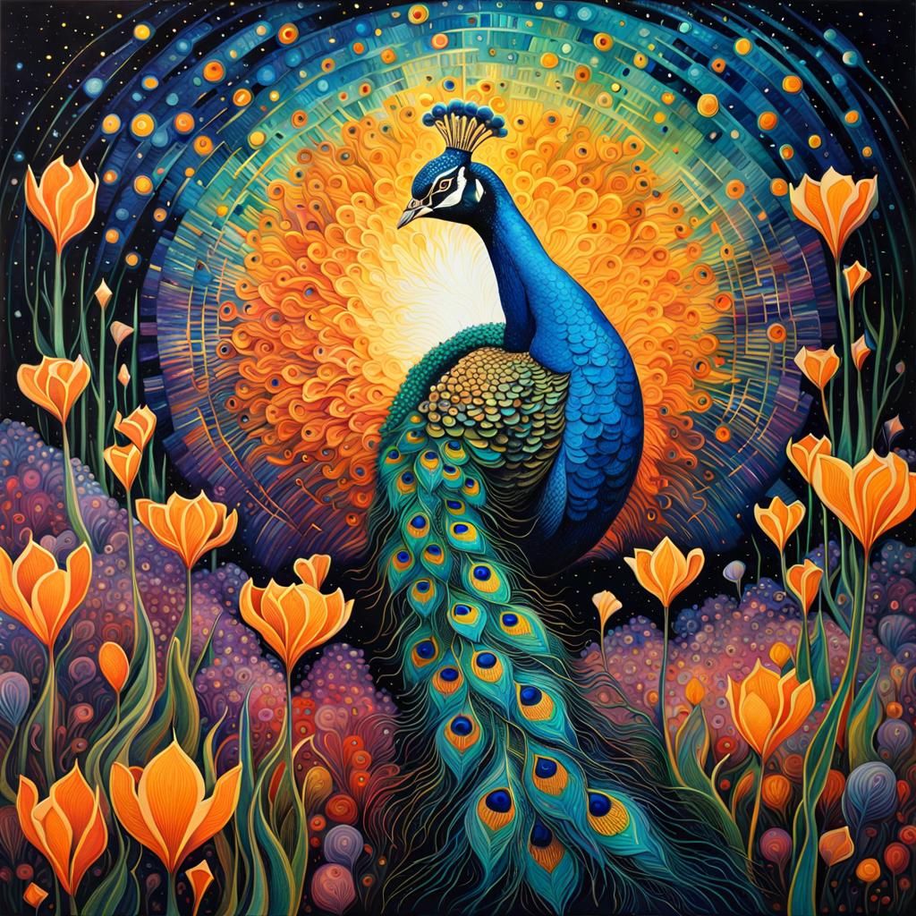 Peacock in Flight Over Bioluminescent Crocus Field