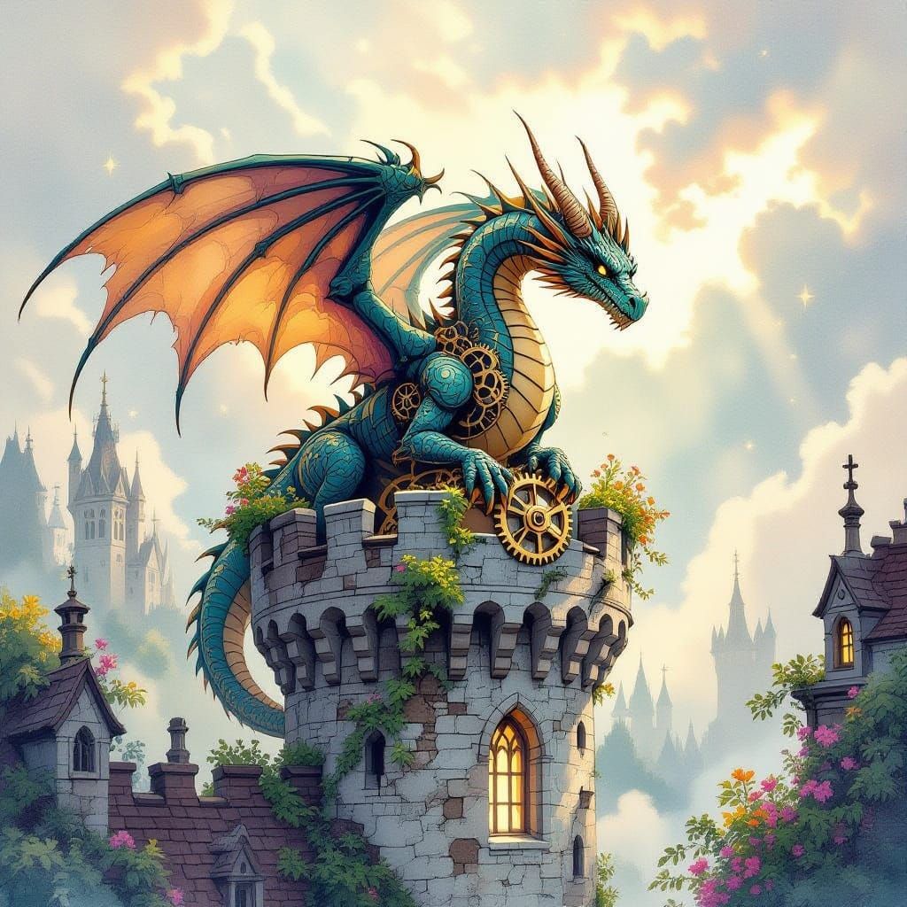 Clockwork Dragon on Gothic Castle, Watercolor Illustration