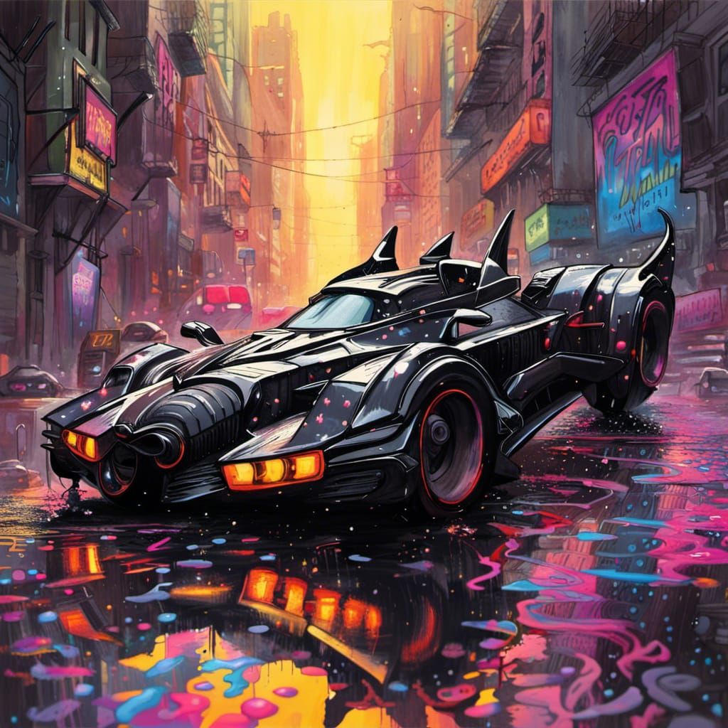 Cyberpunk Batmobile in Gotham City Graffiti Art