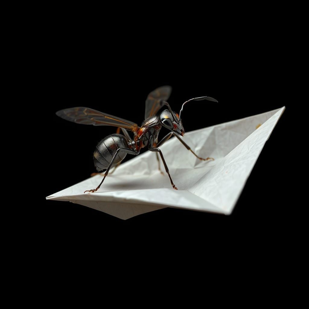 Realistic Ant Soars on Paper Airplane in Flight