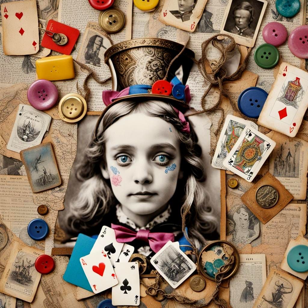 Alice in Wonderland Collage Assemblage in Shadow Box