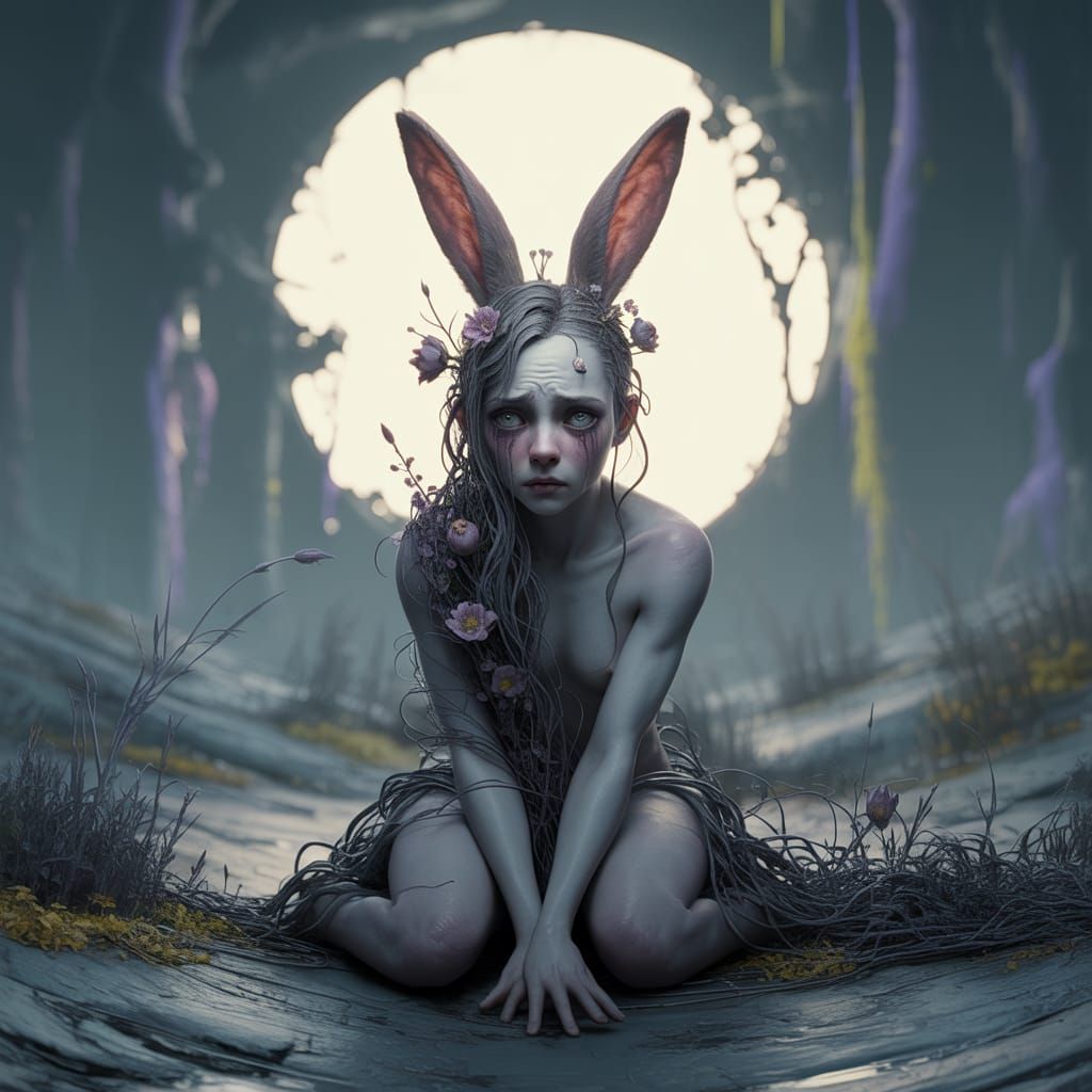 Sorrowful Bunny Woman in Dark Fantasy Art