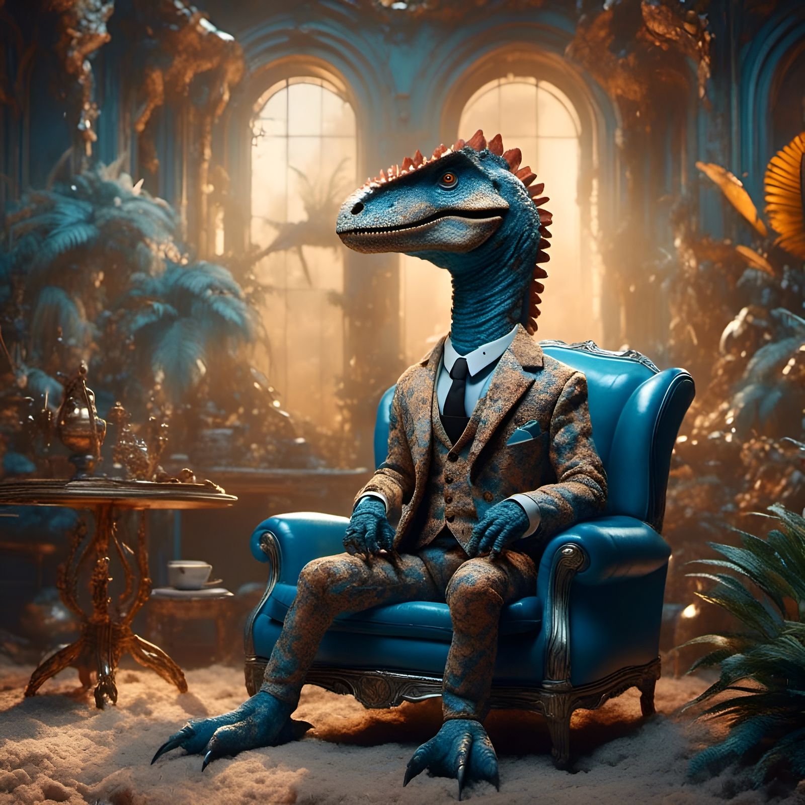Photorealistic Dinosaur Raptor in a Cosmic Safari Room