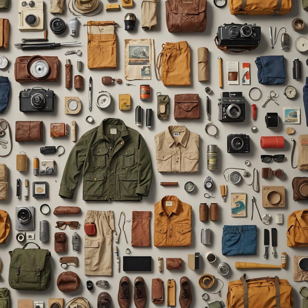 1960s Camping Wear Knolling, Photorealistic Style