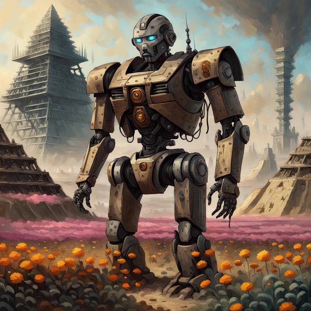 A robot standing in a field of flowers, cyberpunk art zombie