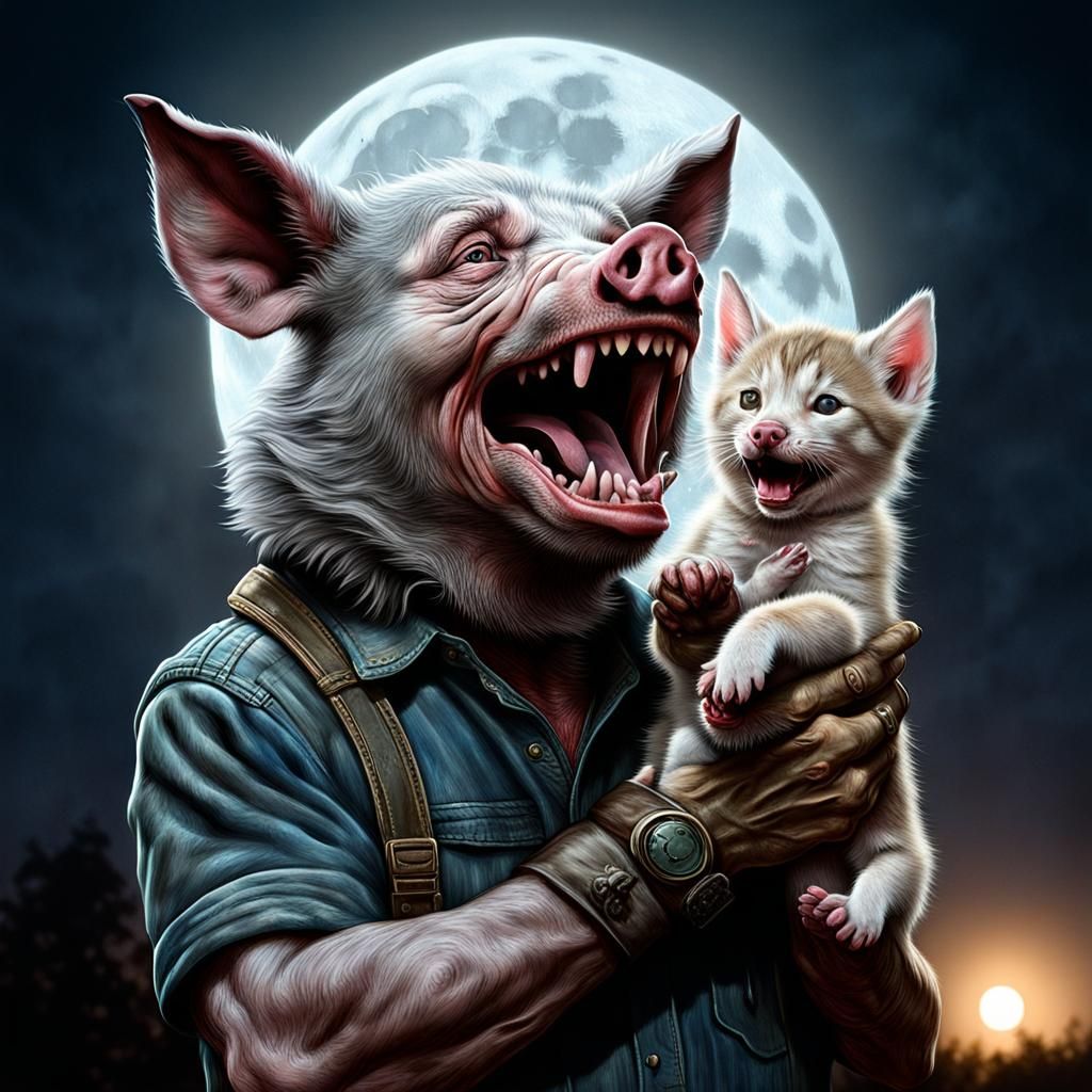Hyperrealistic Pig-Wolf Hybrid Laughs at the Moon