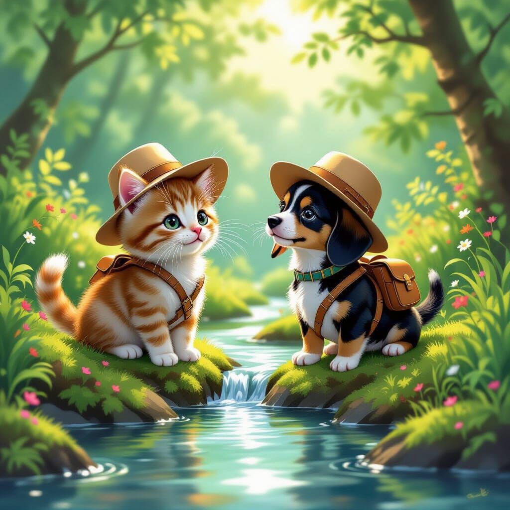 Whimsical Kitten and Dachshund Puppy Adventurers by a Stream