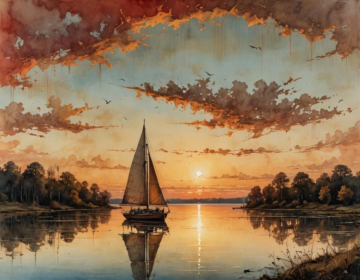 Sailboat on Lake at Golden Hour: Impressionistic Sketch