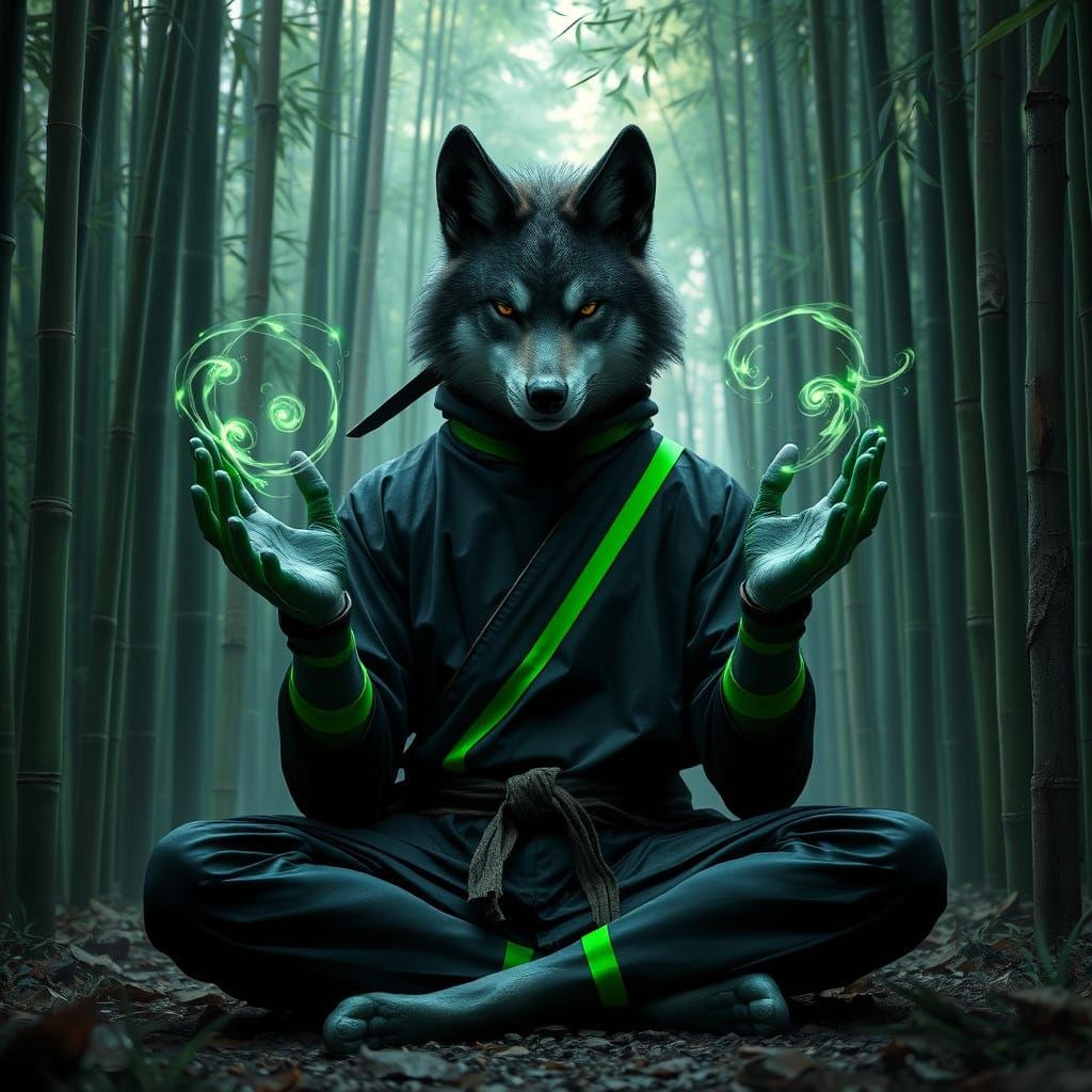 Wolf in Ninja Uniform Meditates Amidst Bamboo Forest