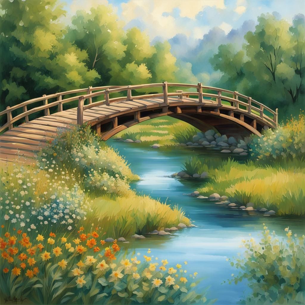 Picturesque River Landscape with Wooden Bridge