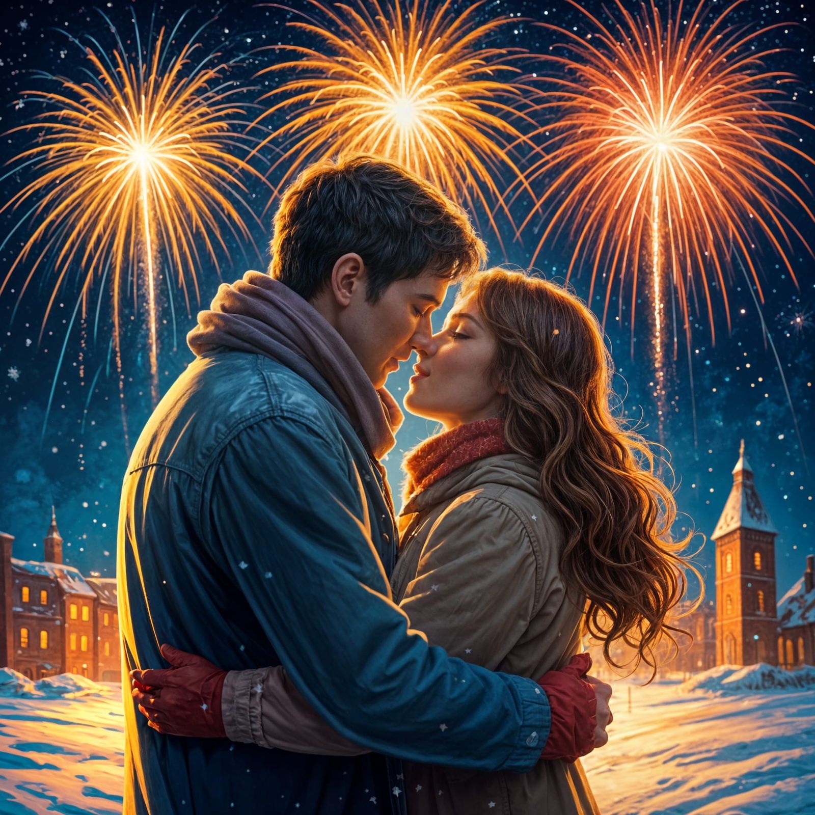 Romantic Couple Amidst NYE Fireworks