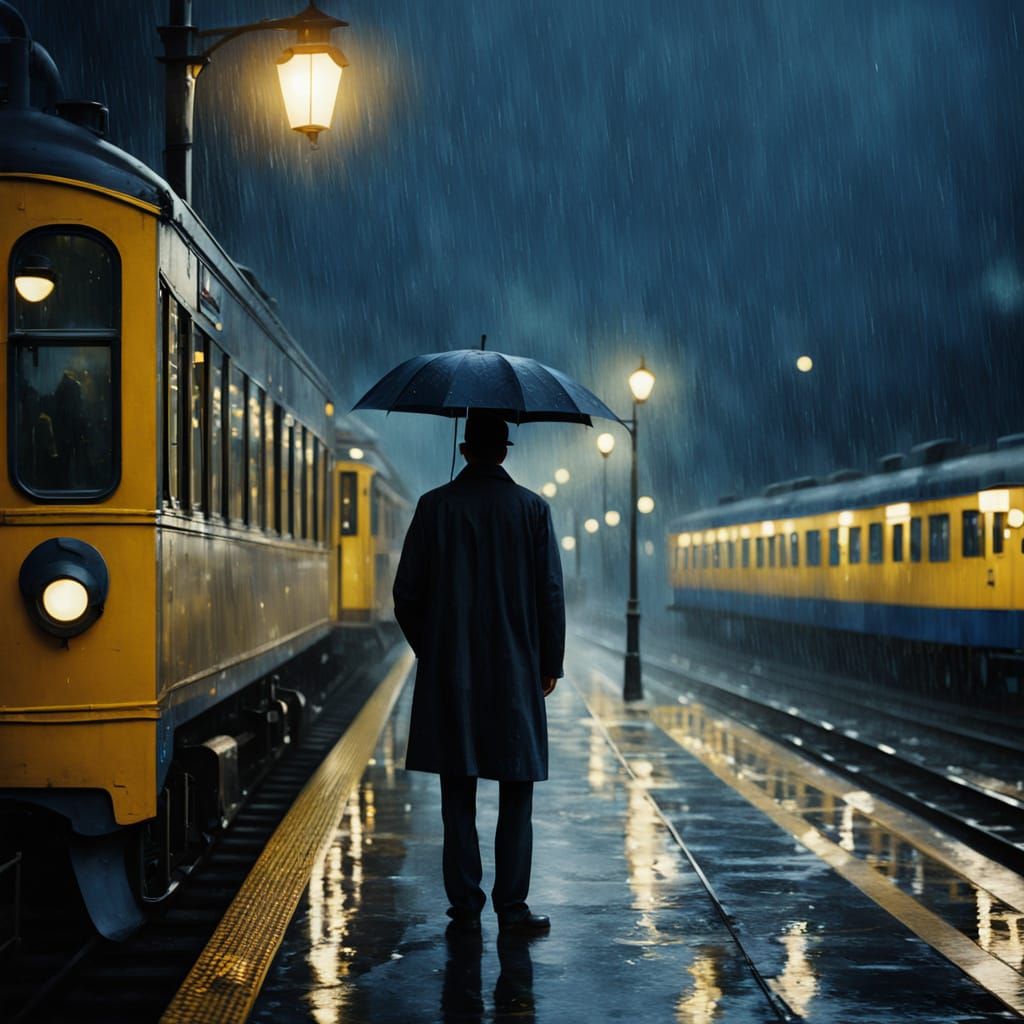 Gloomy Evening Train Station in Oil Painting Style