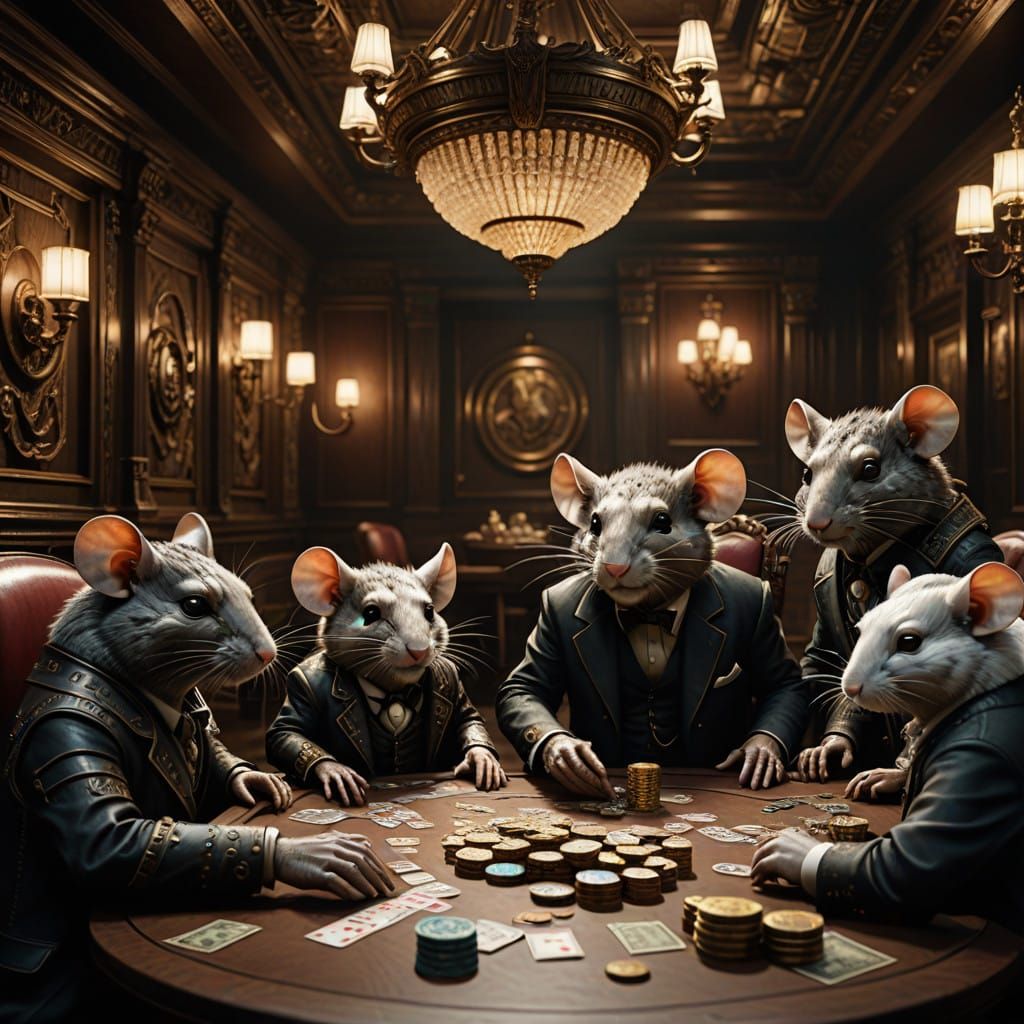 Whimsical Mice Poker Game in a Luxurious, Smoke-Filled Room