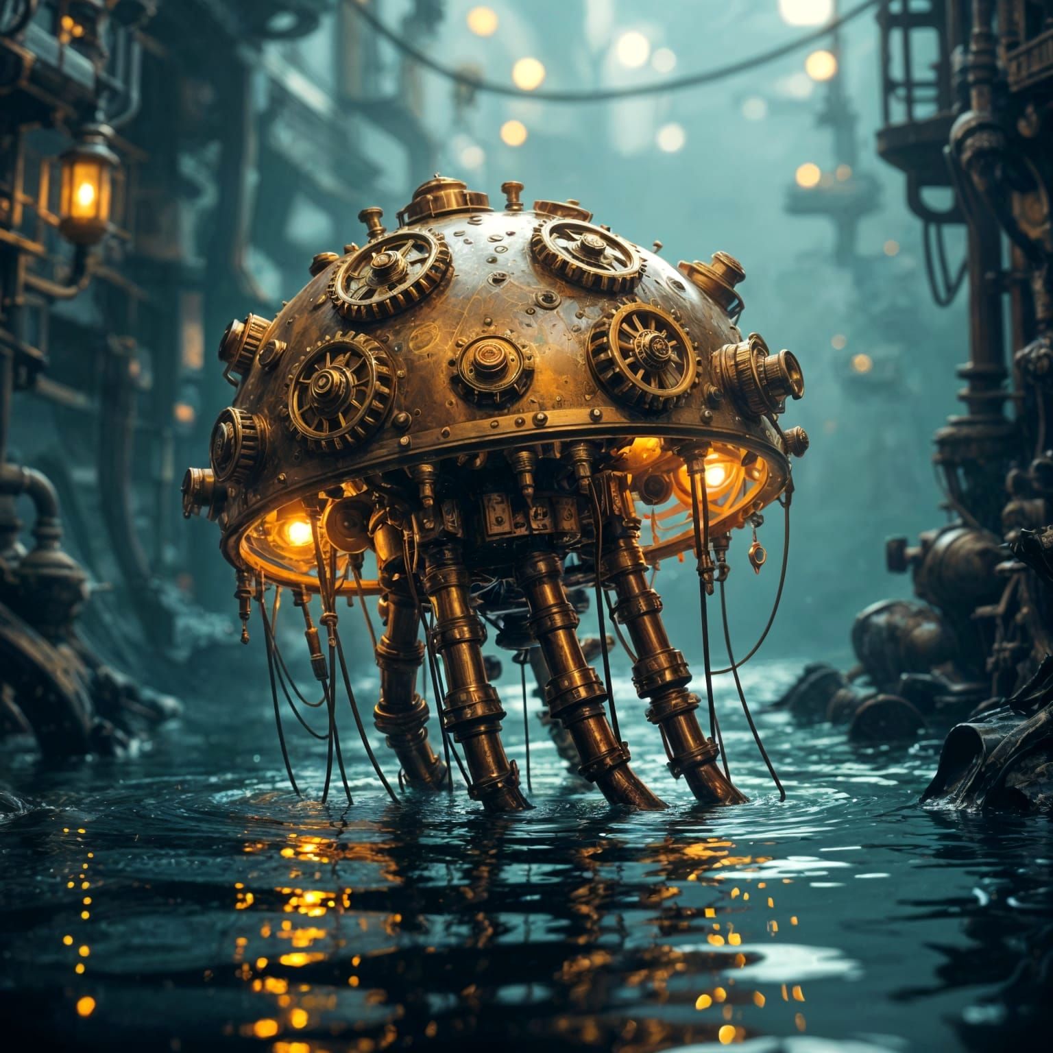 Steampunk Jellyfish in Motor Oil Sea