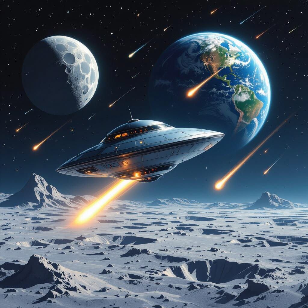 Sleek Flying Saucer Navigates Meteor Shower Near Earth