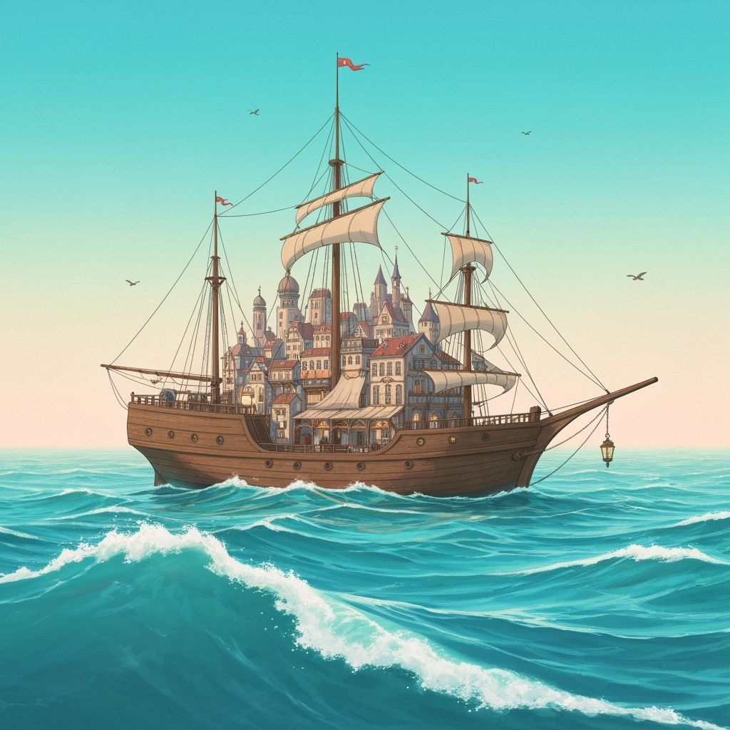 Cityscape on Sailing Boat in Turquoise Ocean