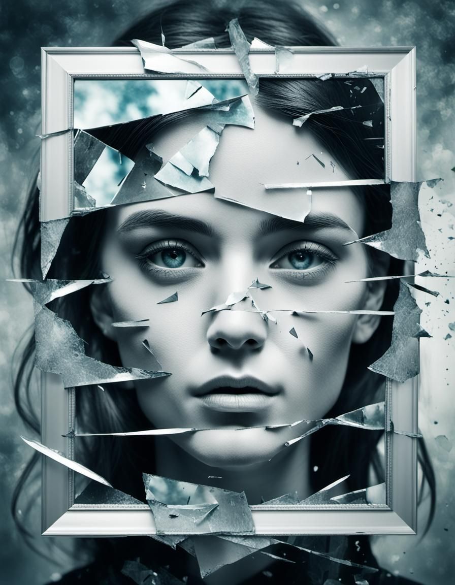 Shattered Mirror: Double Exposure of Sad Woman