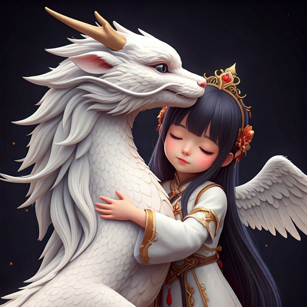 Angel Princess Hugging a White Chinese Dragon
