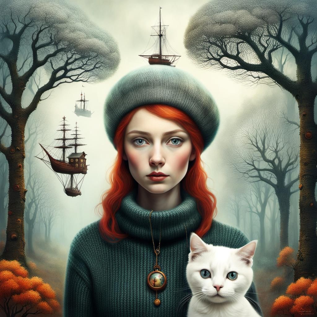 Woman with Cat in Surreal Steampunk Landscape
