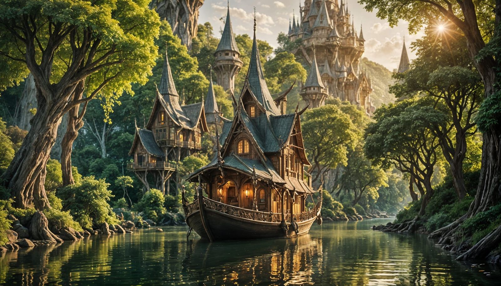 Elven Riverboat amidst Whimsical Treehouses in Enchanted For...