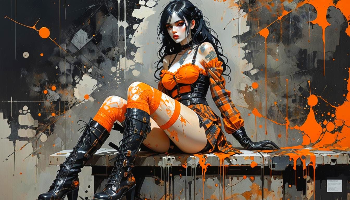 Gothic Beauty in Orange Lace, Impasto Painting