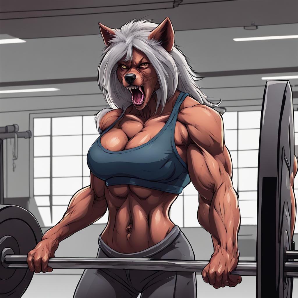 Muscular Female Werewolf Working Out in Gym