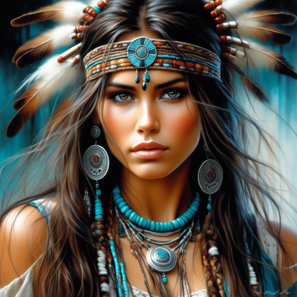 Native American Woman Portrait in Super-Realism Style