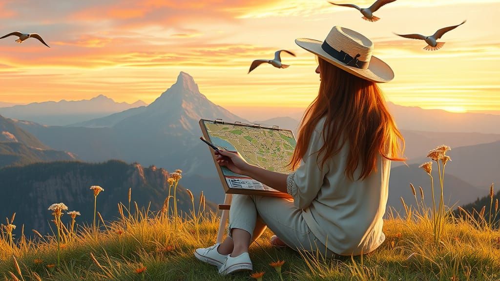 Painter Overlooking Mountain Sunset as Digital Art