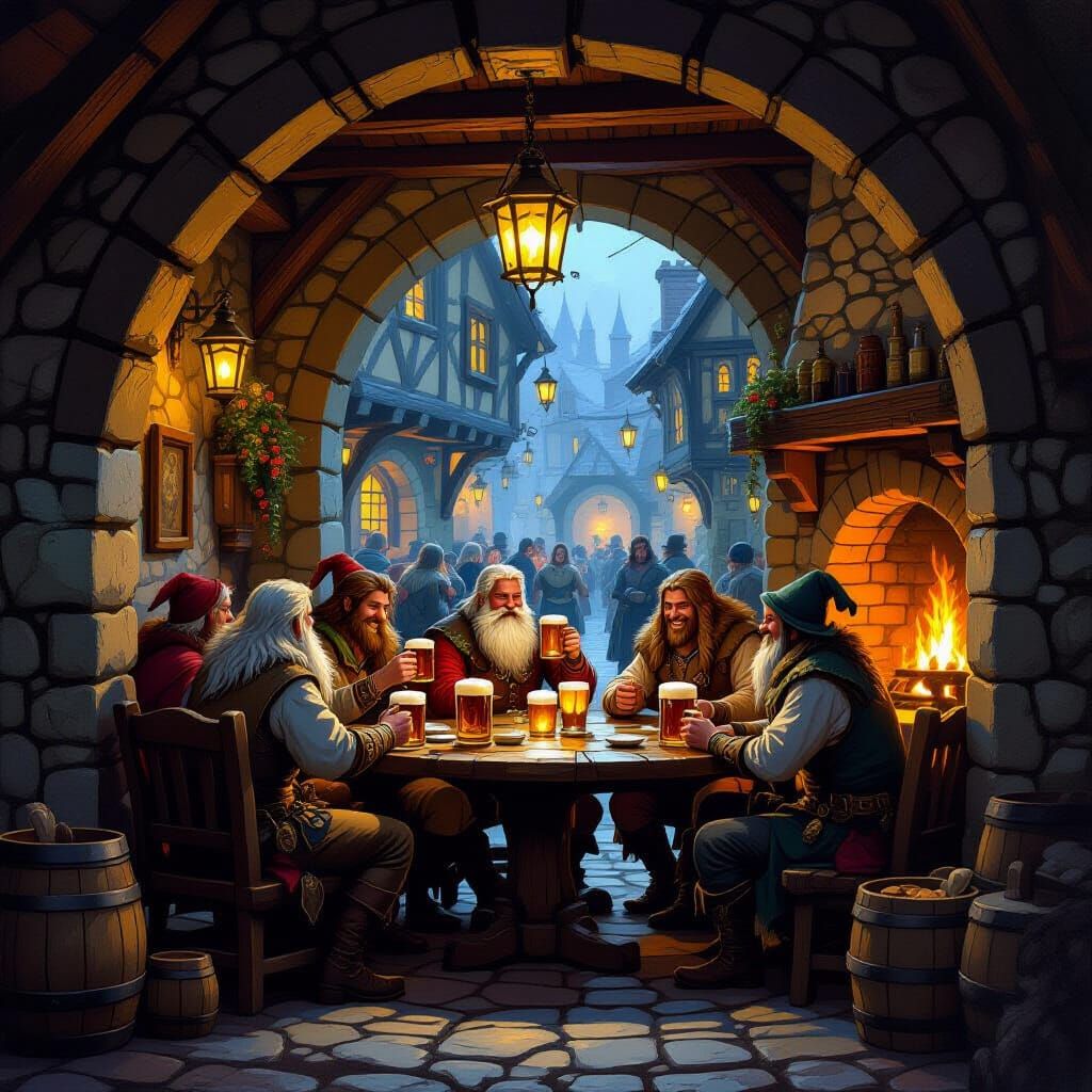 Fantasy Tavern Scene: Diverse Races Gather in Cozy Dim Light