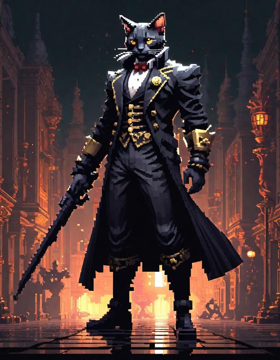 Gothic Punk Cat in Pixel Art Style