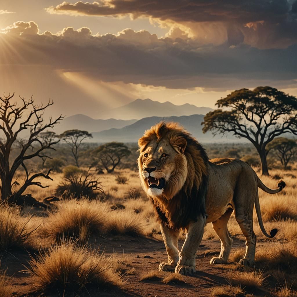 Lion Roaring into Sunset: Cinematic Wildlife Photography