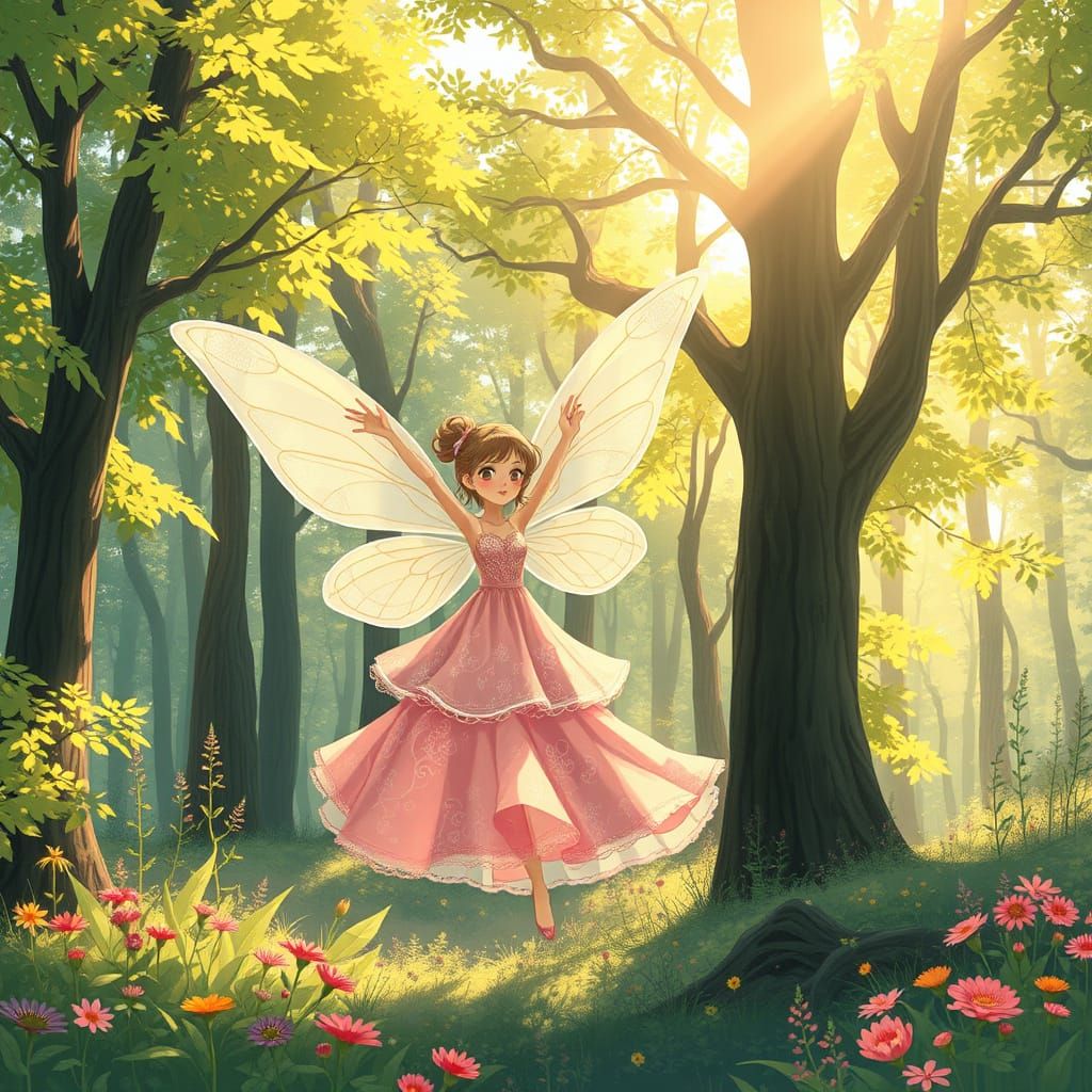 Delicate Anime Fairy in Whimsical Forest Landscape