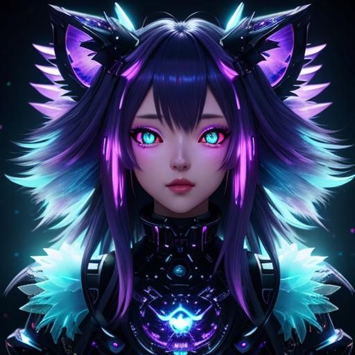 Anime Neko Girl with Bioluminescent Eyes and Crystal Wings