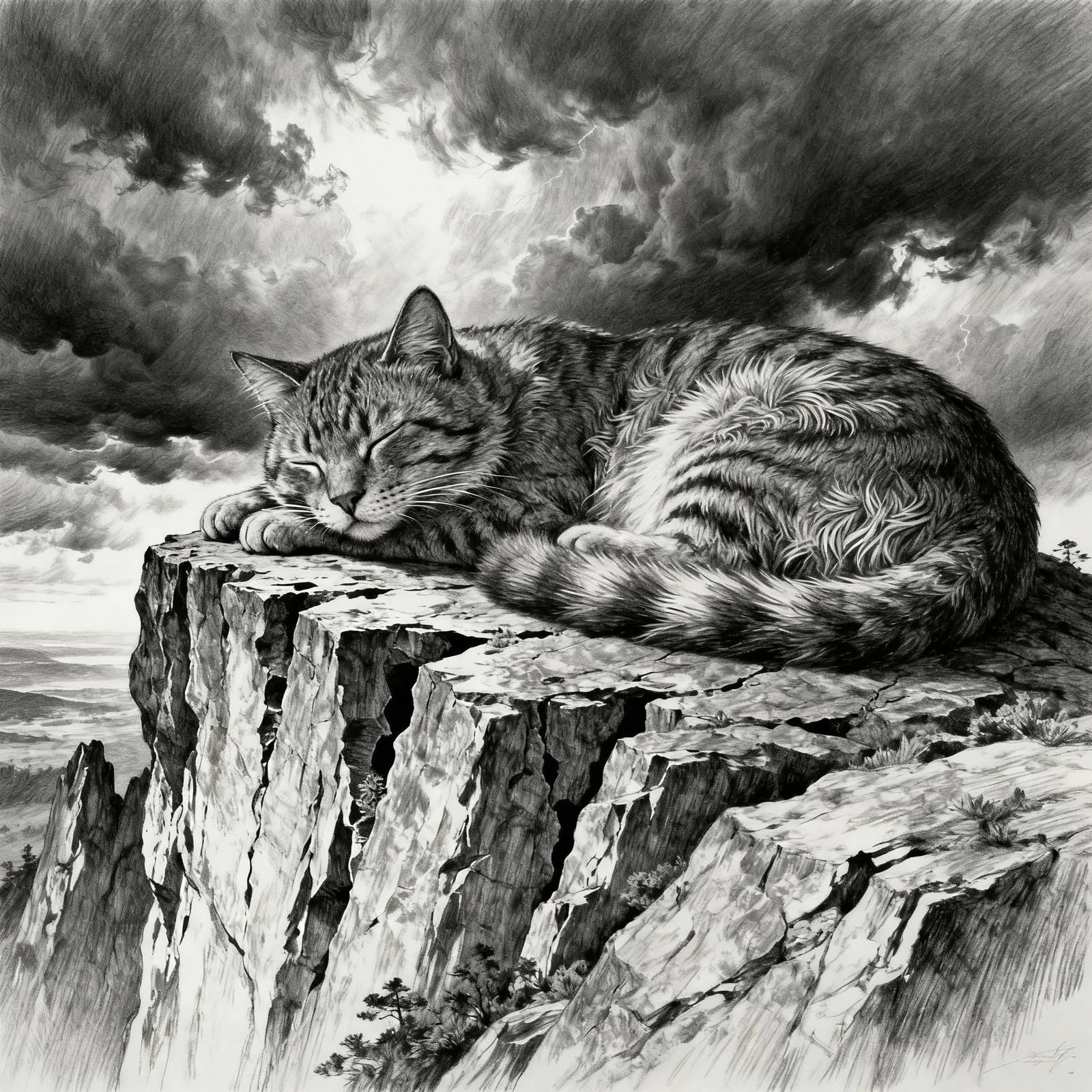 Sleeping Cat Rock Landscape in Hyperdetailed Charcoal